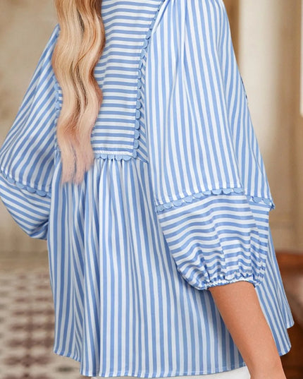 Striped Notched 3/4 Sleeve Blouse