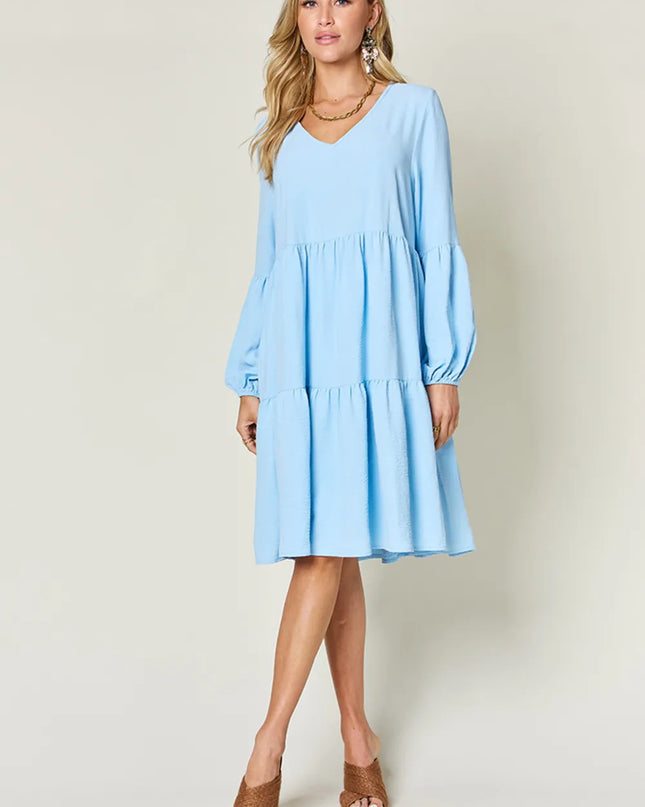 Double Take Full Size V-Neck Balloon Sleeve Tiered Dress with Pockets