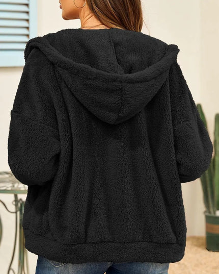 Drawstring Zip Up Hooded Plush Jacket