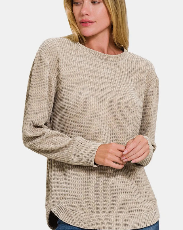 Zenana Chenille Waffle Round Neck Sweater Ash Mocha