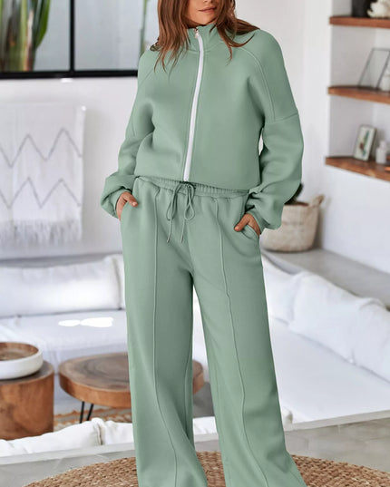 Drop Shoulder Zip Up Jacket and Drawstring Pants Active 2pcs Set