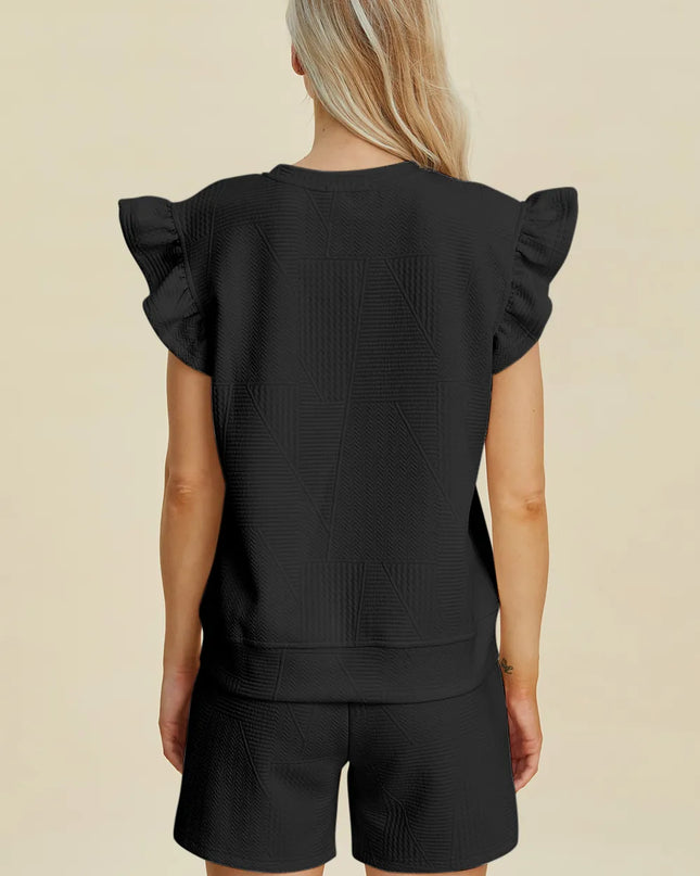 Double Take Full Size Texture Round Neck Ruffle Sleeve Top and Shorts Set