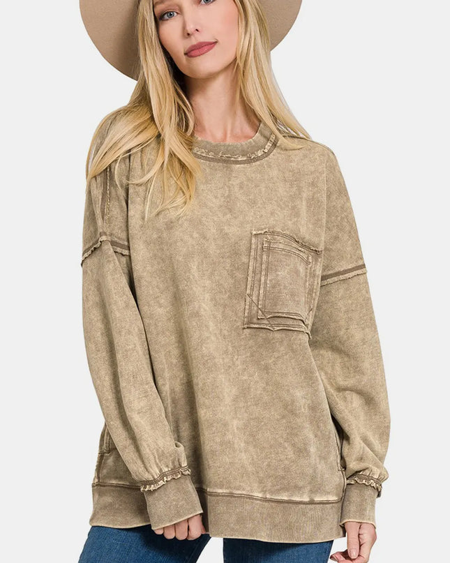 Zenana Exposed Seam Round Neck Dropped Shoulder Sweatshirt Mocha