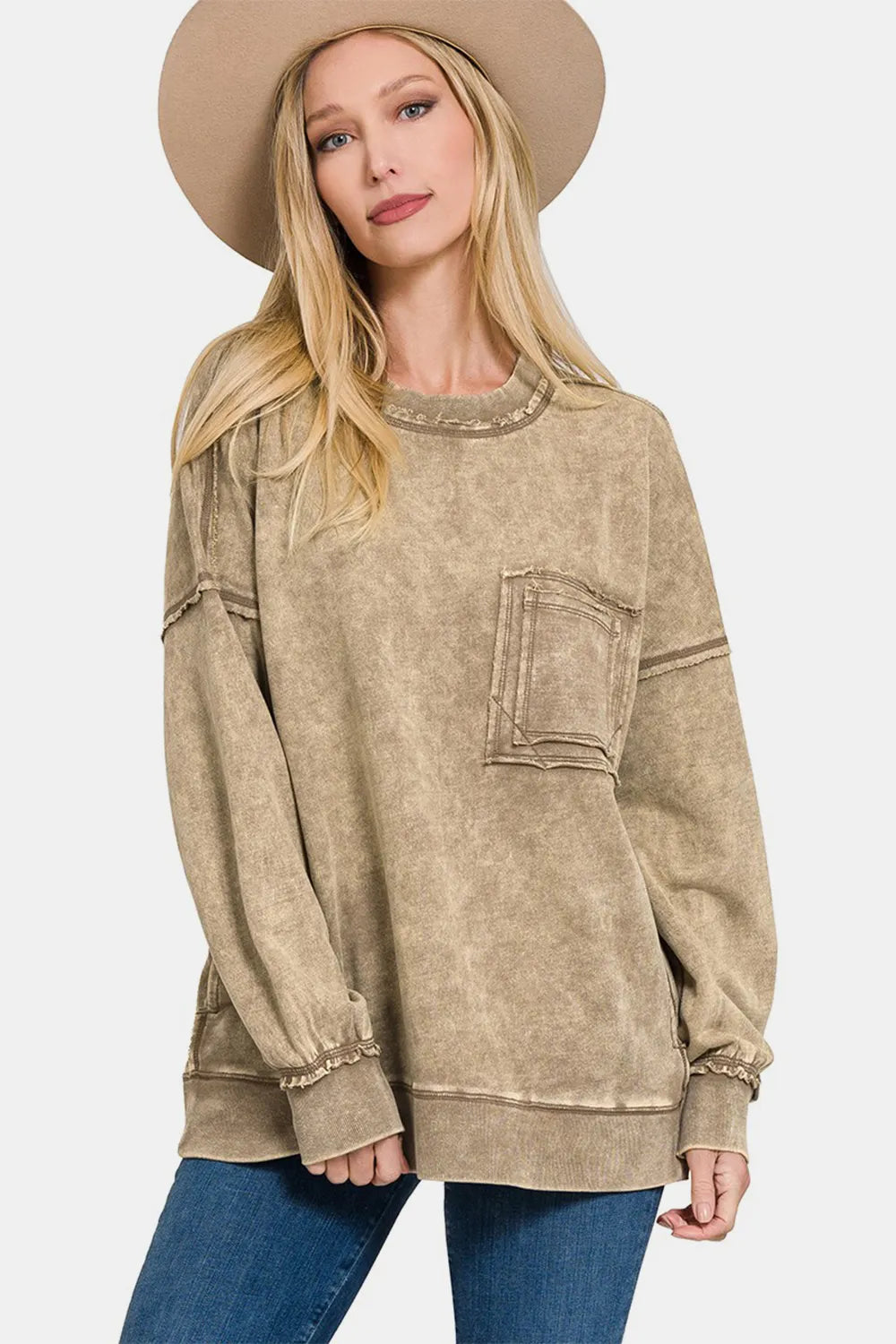 Zenana Exposed Seam Round Neck Dropped Shoulder Sweatshirt Mocha
