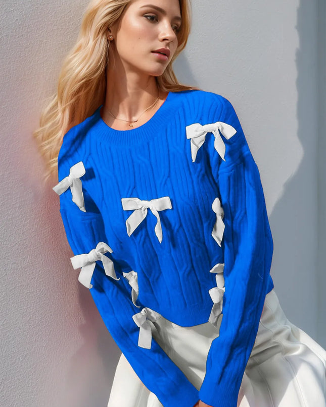 Double Take Full Size Bow Cable-Knit Round Neck Sweater Blue