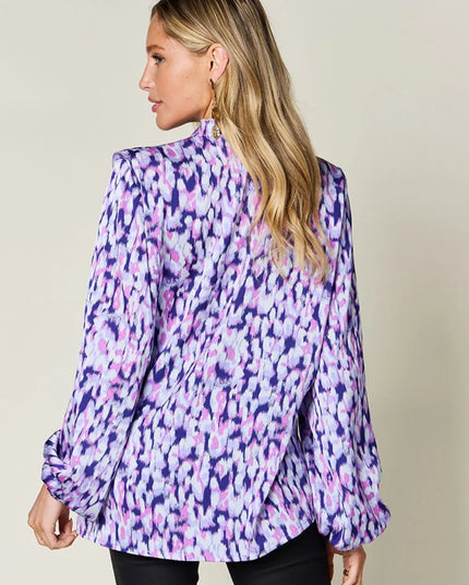 Double Take Full Size Printed Ruffle Trim Balloon Sleeve Shirt