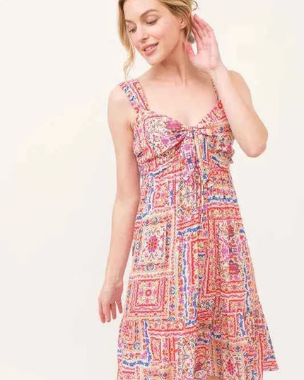 And The Why Tied Front Smocked Back Tiered Boho Printed Dress