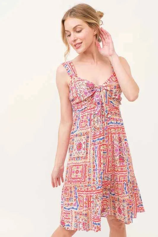 And The Why Tied Front Smocked Back Tiered Boho Printed Dress