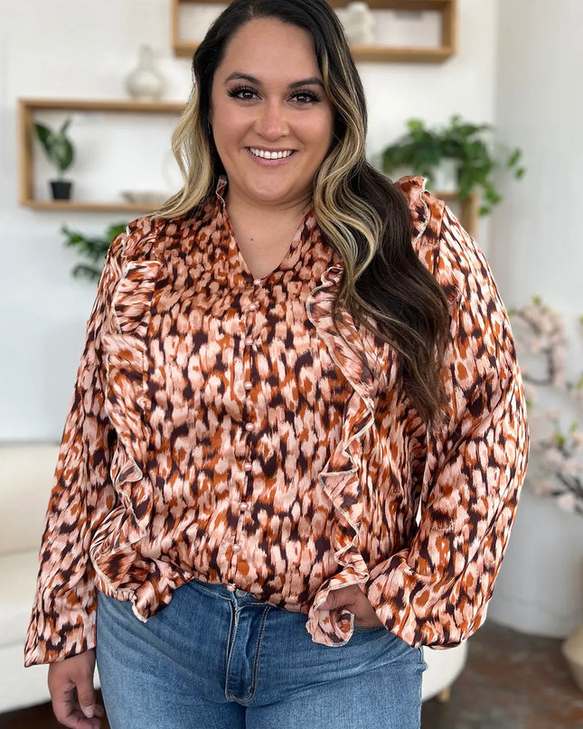 Double Take Full Size Printed Ruffle Trim Balloon Sleeve Shirt