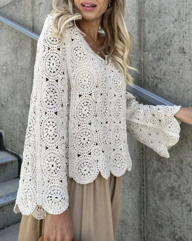Crochet Lace V-Neck Bell Sleeve Knit Top Apricot One Size