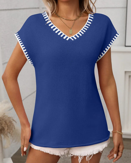 Contrast Trim V-Neck Short Sleeve Knit Top