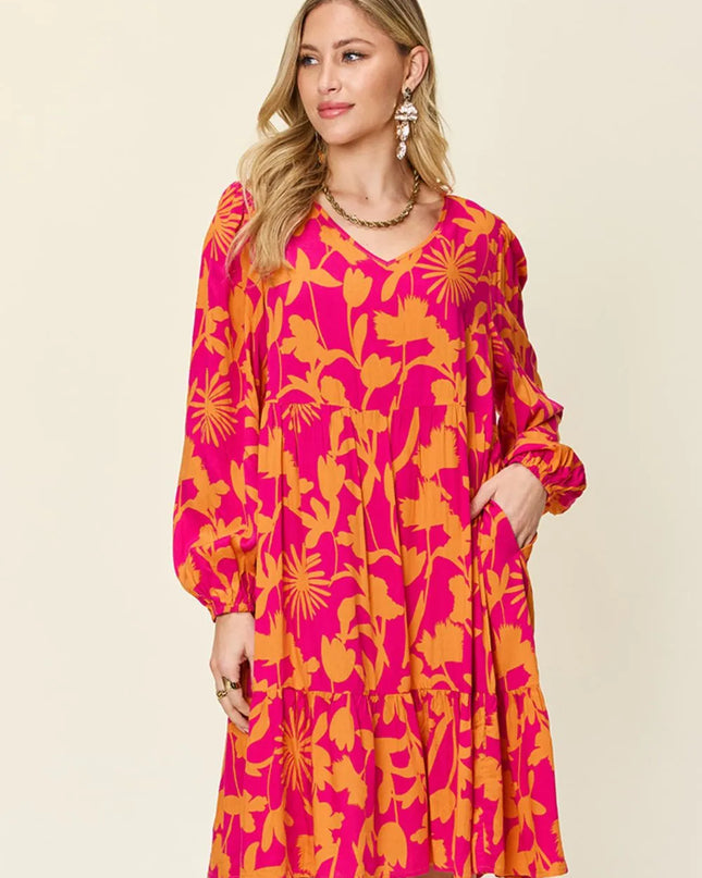 Double Take Full Size Printed Ruffle Hem Dress with Pocket Hot Pink