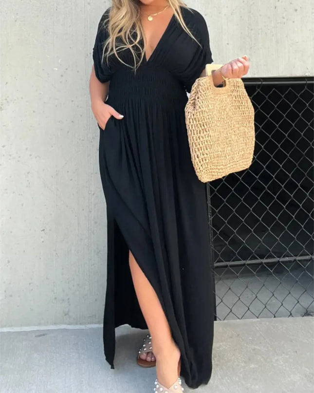 Full Size Deep V-Neck Maxi Dress with Side Slit Plus Size Black