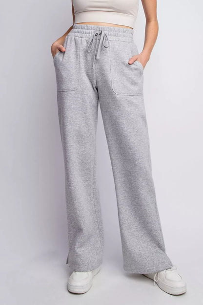 Faith Apparel Full Size Drawstring Straight Leg Slit Sweatpants H Grey