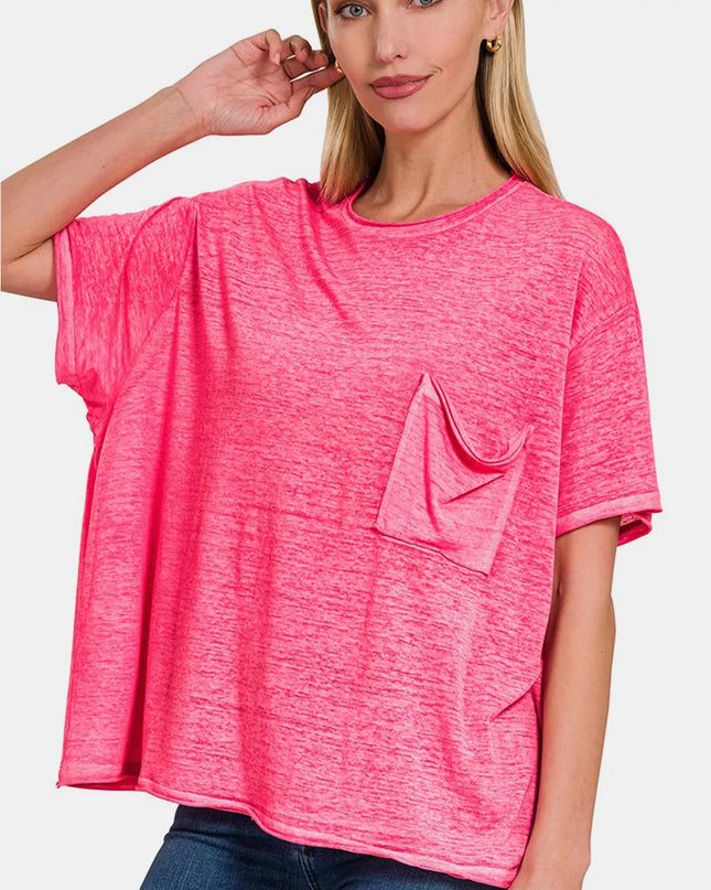Zenana Pocketed Round Neck Dropped Shoulder T-Shirt FUCHSIA