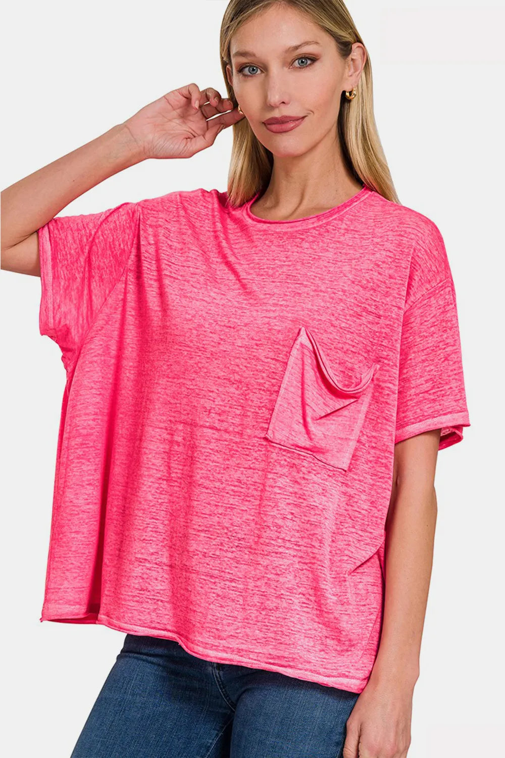 Zenana Pocketed Round Neck Dropped Shoulder T-Shirt FUCHSIA