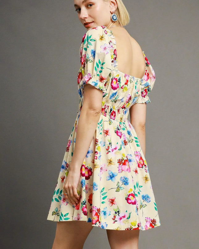 Umgee Floral Print Puff Sleeve Mini Dress