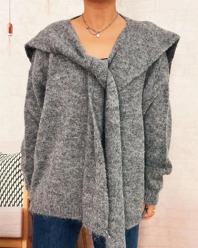Ribbed Hem V-Neck Sweater with Shawl
