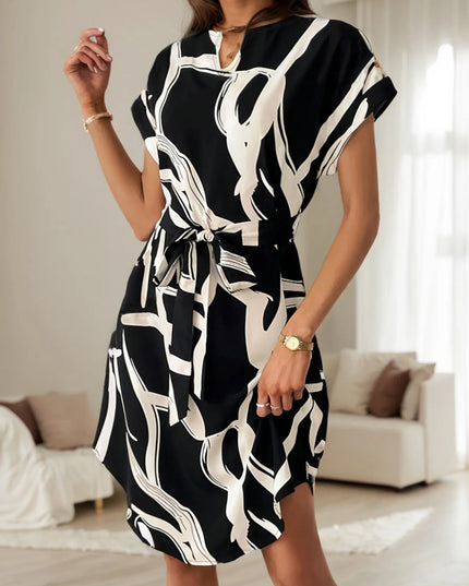 Abstract Print Belted Short Sleeve Midi Dress