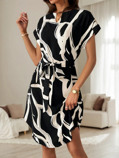 Abstract Print Belted Short Sleeve Midi Dress