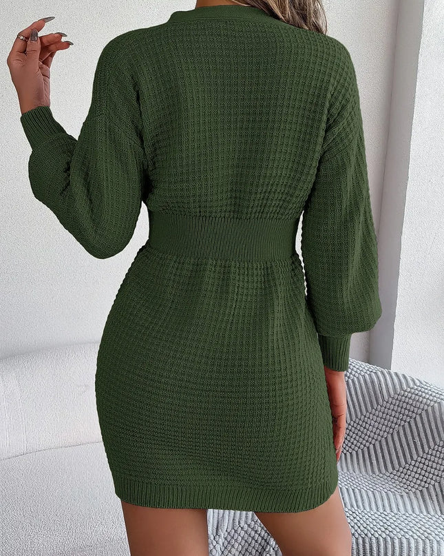 Buttoned Cable-Knit V-Neck Sweater Dress