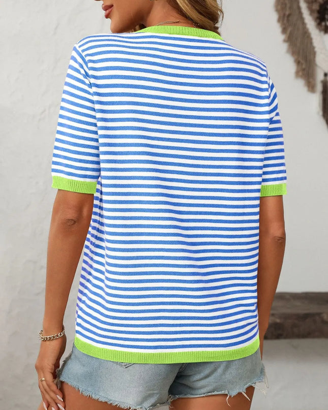 Mandy Striped Round Neck Half Sleeve Knit Top