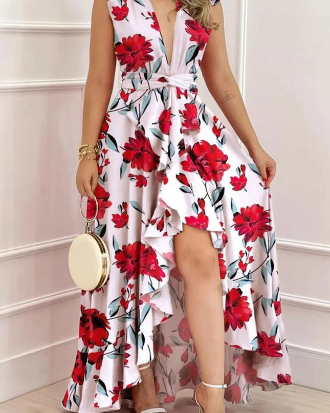 Ruffled Plunge Sleeveless Maxi Dress 