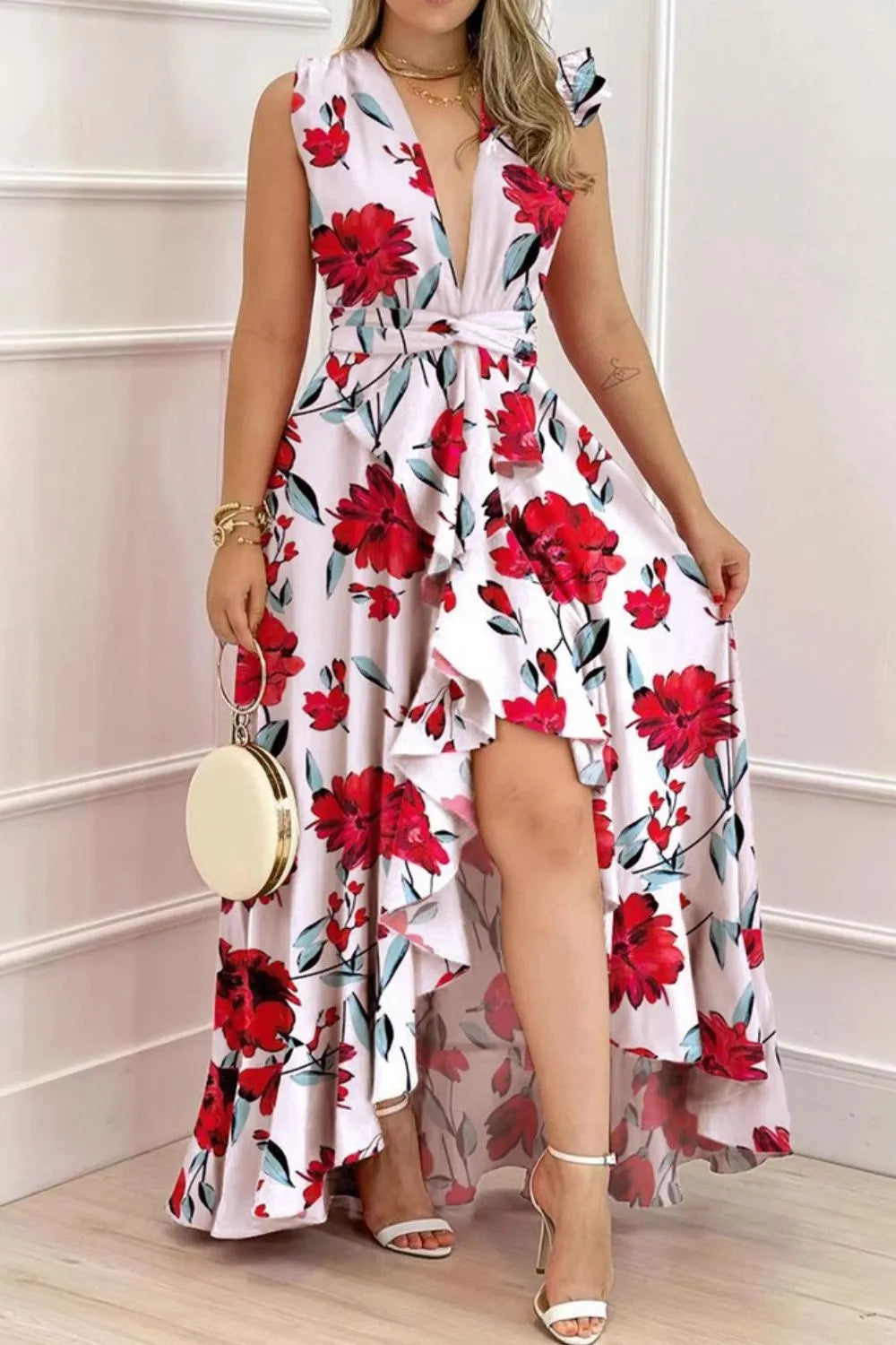 Ruffled Plunge Sleeveless Maxi Dress White