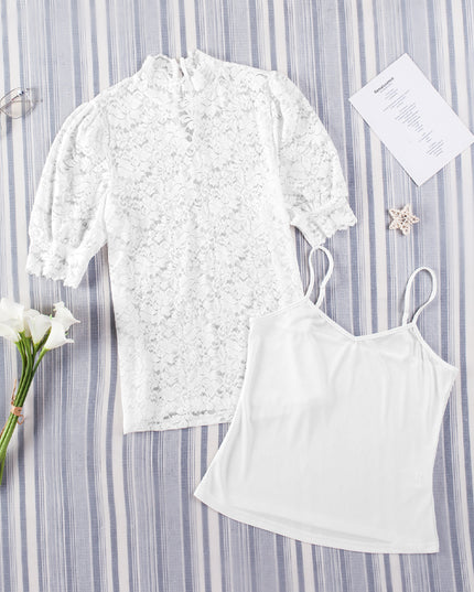 Lace Scalloped Short Puff Sleeve Top