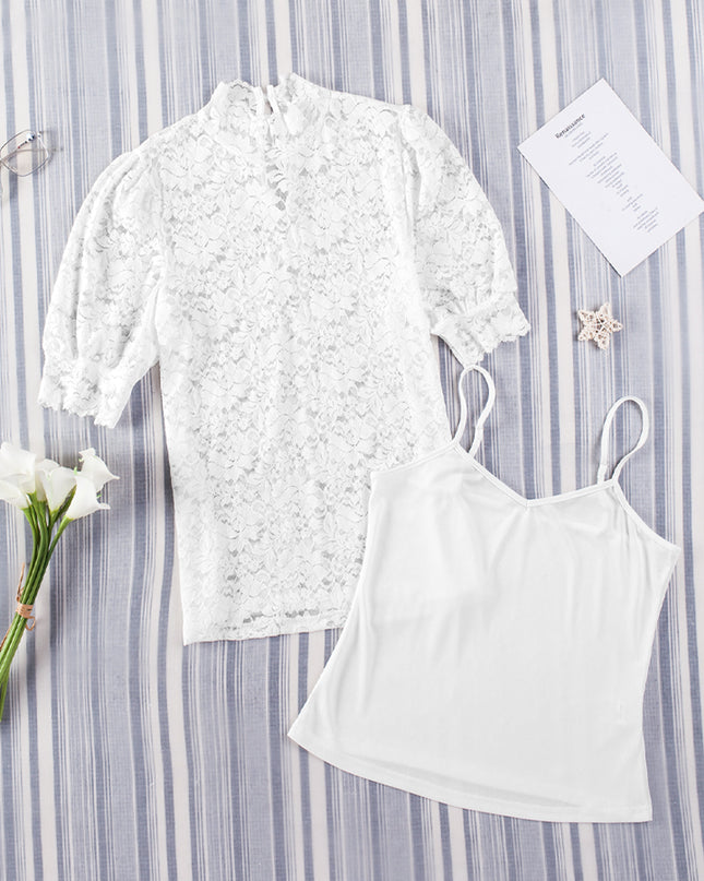 Lace Scalloped Short Puff Sleeve Top