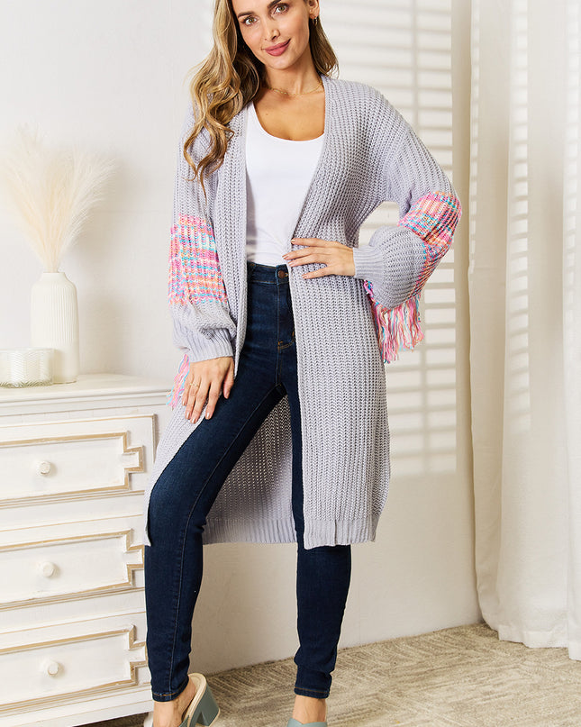 Woven Right Fringe Sleeve Dropped Shoulder Cardigan