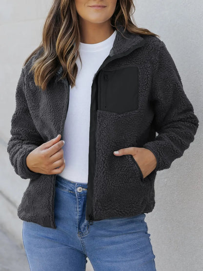 Zip Up Long Sleeve Plush Jacket Dark Gray