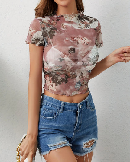 Abstract Print Ruffled Mock Neck Crop T-Shirt