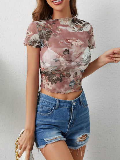 Abstract Print Ruffled Mock Neck Crop T-Shirt