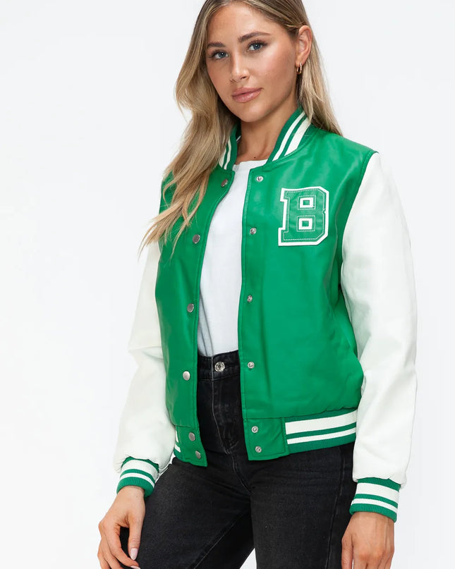 Love Me Now PU Leather Contrast Snap Down Bomber Jacket