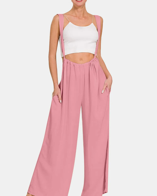 Zenana Pocketed Wide Strap Wide Leg Overalls Lt Rose