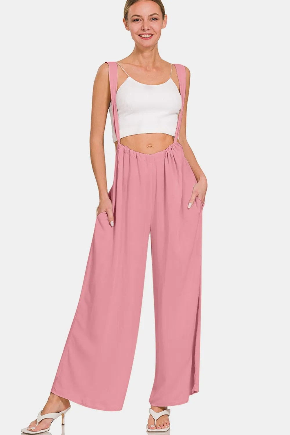 Zenana Pocketed Wide Strap Wide Leg Overalls Lt Rose