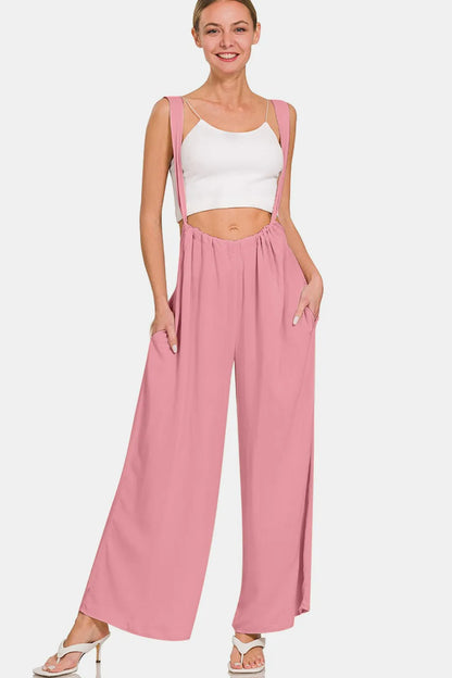 Zenana Pocketed Wide Strap Wide Leg Overalls Lt Rose