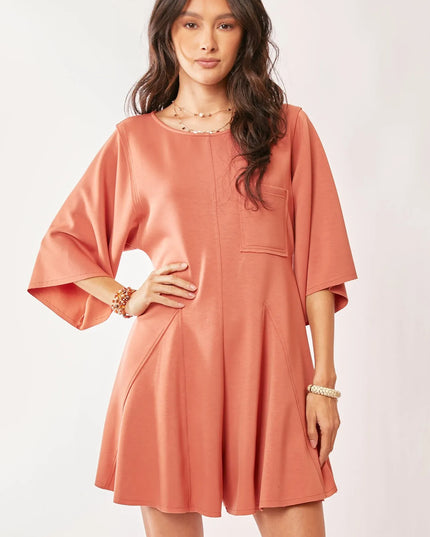 Davi & Dani Solid Draped Sleeve Ties Back Skort Romper SALMON