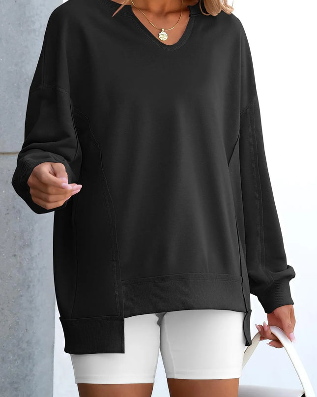 Notched Long Sleeve Oversized Sweatshirt