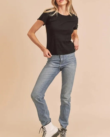 Aemi+Co Round Neck Lettuce Hem Short Sleeve T-Shirt