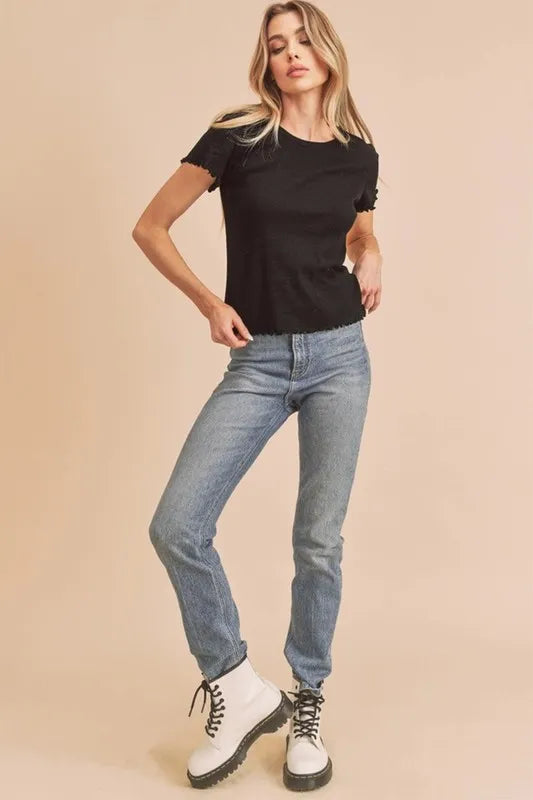 Aemi+Co Round Neck Lettuce Hem Short Sleeve T-Shirt