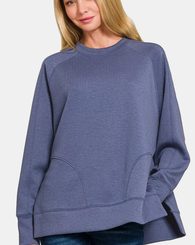 Zenana Scuba Round Neck Side Slit Sweatshirt Blue Indigo