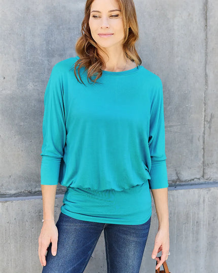Basic Bae Full Size Round Neck Batwing Sleeve Top Sky Blue