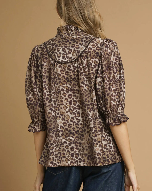 Umgee Leopard Print Ruffle Neck Blouse