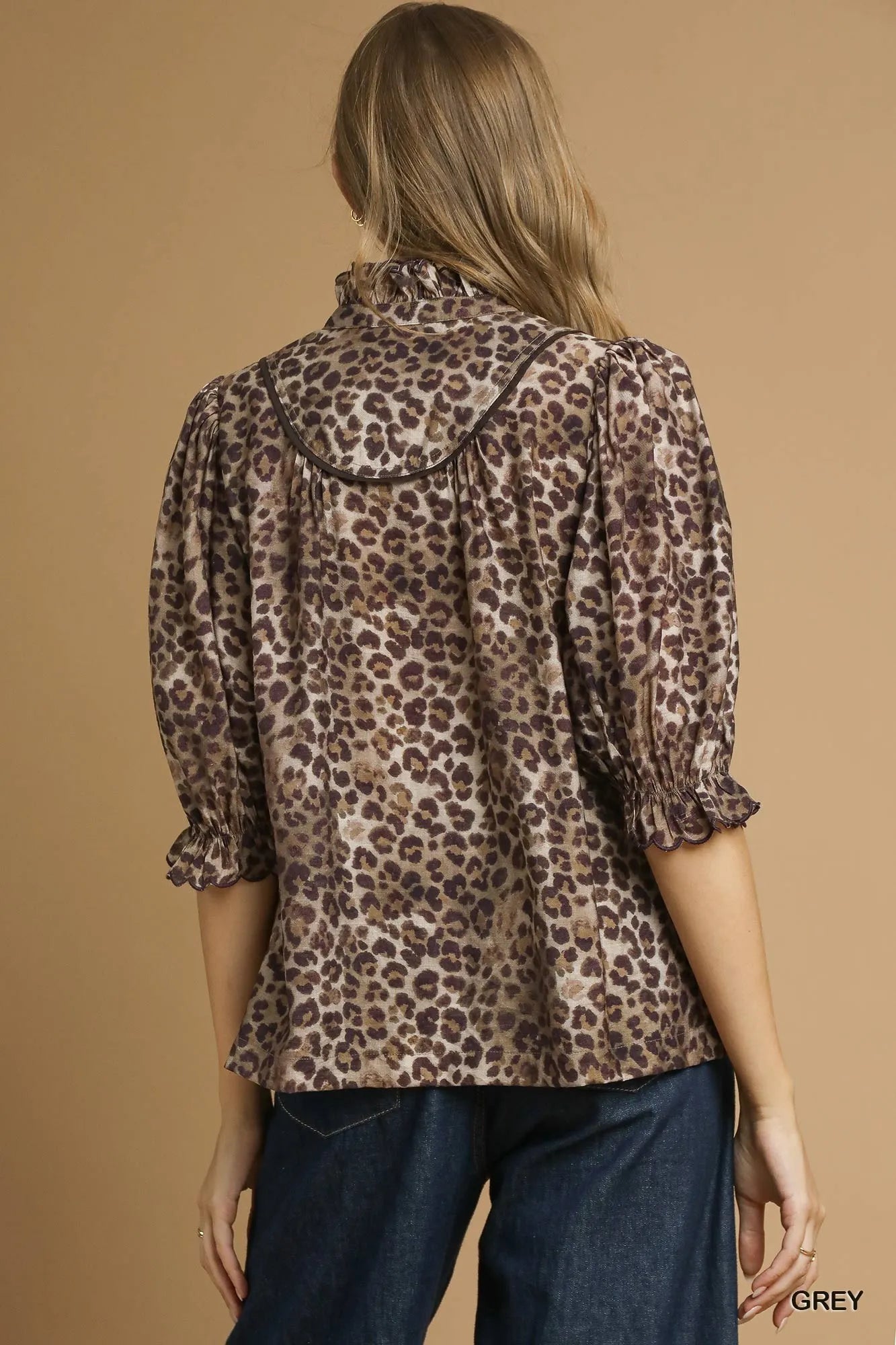 Umgee Leopard Print Ruffle Neck Blouse