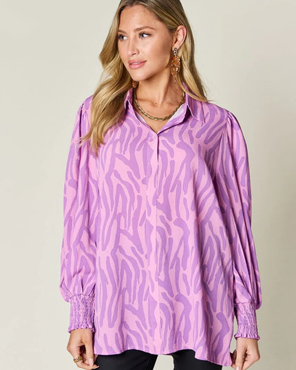 Double Take Full Size Printed Smocked Long Sleeve Blouse Plus Size