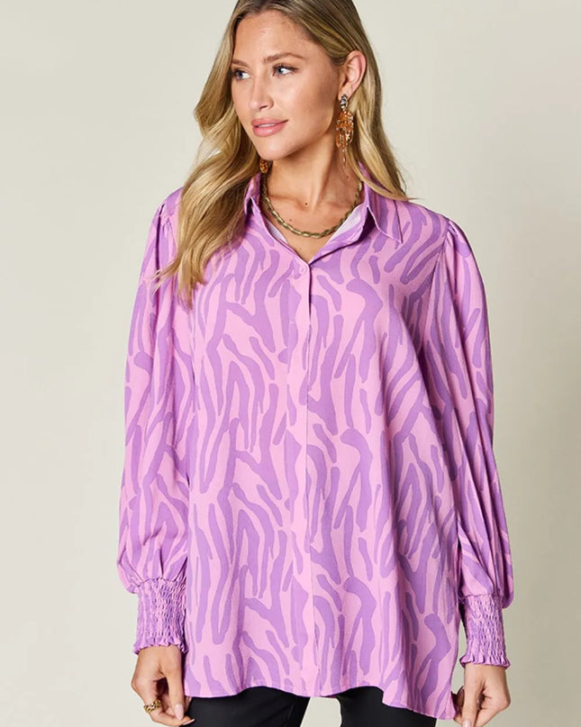 Double Take Full Size Printed Smocked Long Sleeve Blouse Plus Size