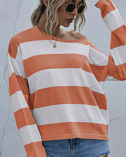 Striped Casual Long Sleeve Knit Top Orange Red