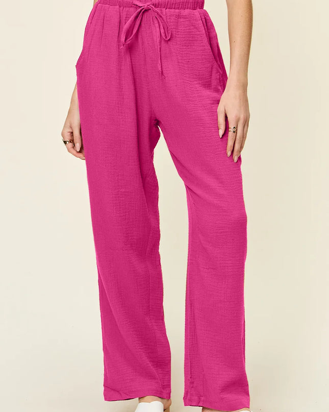 Double Take Full Size Texture Drawstring Straight Pants Hot Pink